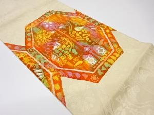 リサイクル　抽象向かい鳥に花々模様名古屋帯